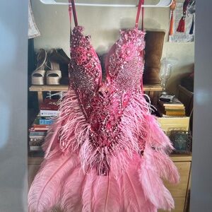Pink Feather Embellished Handmade bodysuit with real ostrich feathers.